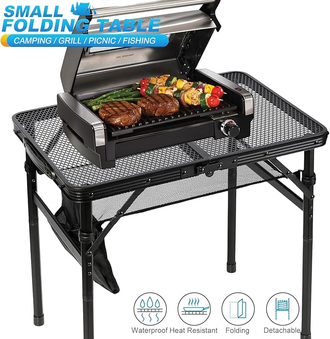 Small Floding Grill Table with Mesh Layer 2 Height Adjustable Portable &amp Lightweight Metal Camping Table for Outdoor Beach &amp BBQ - Compact (2 FT Black)