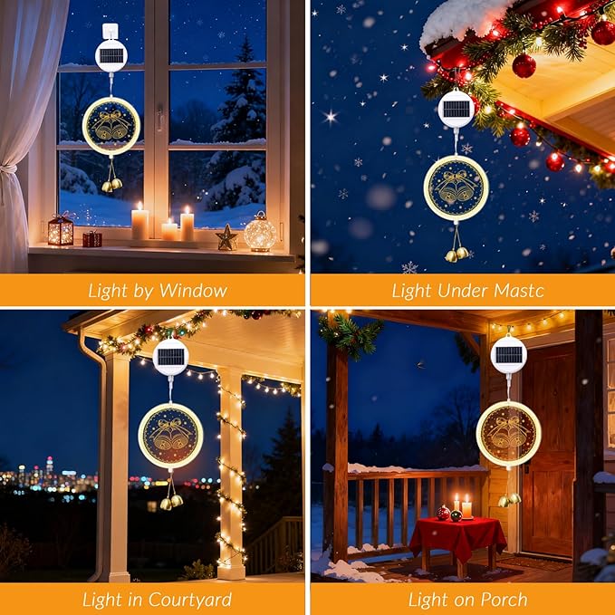 Solar Hanging Lights - Outdoor Indoor Christmas Decorations for Window Garden Patio PorchHoliday Home Decor (Jingle Bell)