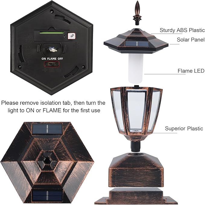 Dynaming 4 Pack Solar Flame Post Lights Outdoor Solar Powered Lamps Fence Post Cap Lights Flickering Flame LED Lantern Waterproof for Garden Deck Patio Fit 4x4 5x5 or 6x6 Wooden Posts Bronze
