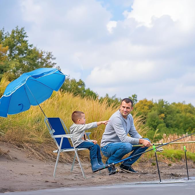 Folding Beach Chair with Umbrella – Portable Lightweight Lounge Chair for Adults with High Back &amp Heavy-Duty Frame UPF Sun Protection for Beach Camping Park Concerts (Blue)