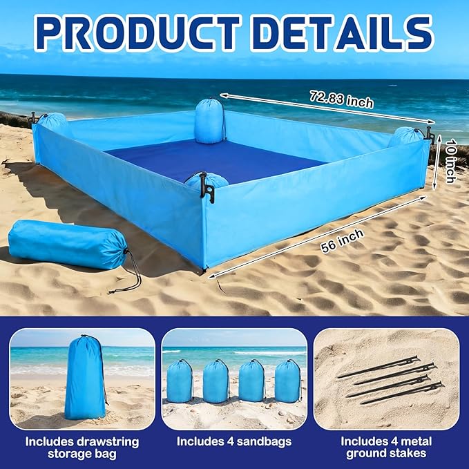 Breling Beach Blanket Waterproof Sandproof 73 x 56 Inch Large Waterproof Beach Blanket Portable Sand Free Picnic Mat with Side Walls 4 Sandbags and Stakes for Family Parks Outdoor Camping Vacation