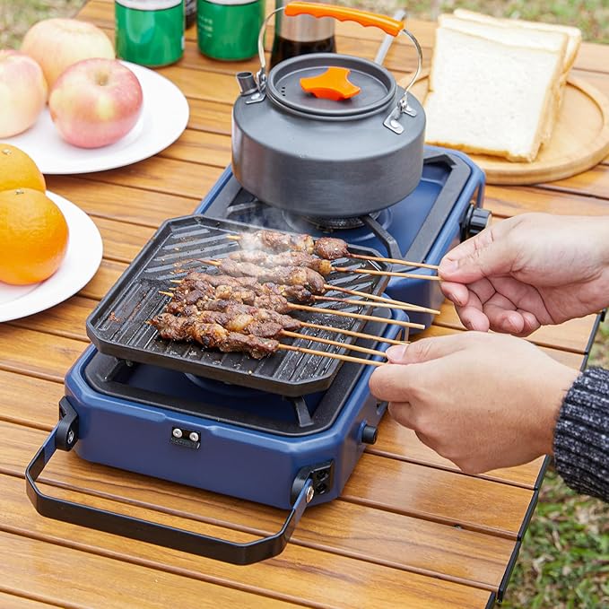 Upgraded WINKIZA 2 Burner Propane Camping Stove with Grill Foldable Camp Stove with 16000 BTU Two Adjustable Burners with Piezo Ignition &amp Easy Carrying Handle Portable Stove for Camping BBQ