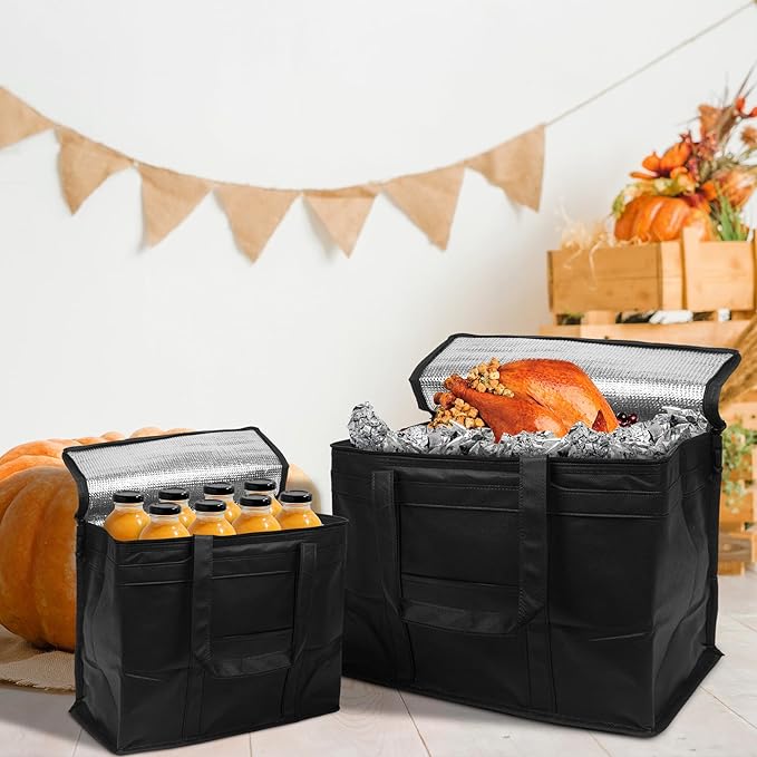 Black Insulated Food Delivery Bag. Insulated Grocery Bags with Zippered Top. Foldable Catering Bag for Food Deliveries. Heavy Duty Cold Bags for Groceries