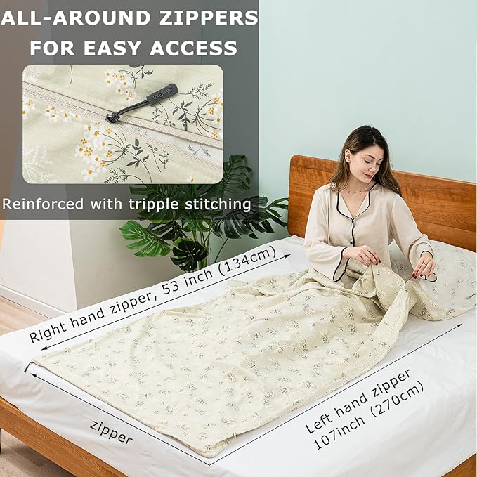 100% Cotton Sleeping Bag Liner with Full Length Zipper on 3 Sides Single/Double Adult Sleep Sack for Travel &amp Camping Multifunctional Travel Sheets (Unzipped 87”x87”) for Hotel Lightweight