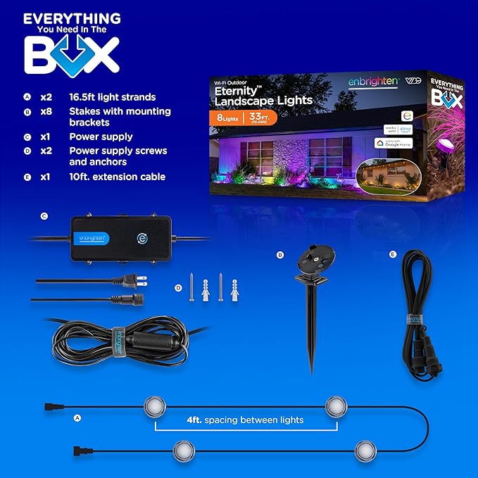 Enbrighten Vibe Eternity Landscape Lights 33ft 8 RGBWIC LEDs Weatherproof Perfect for Garden Pathway and Home Exterior Lighting Smart App Control Compatible with Alexa Google Home 83789