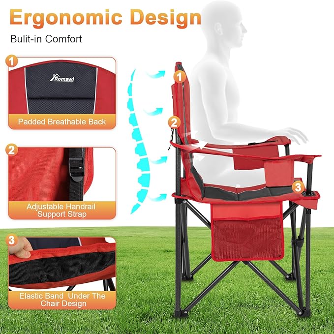 Romswi 2 Pack Oversized Camping Chairs for Adults 500LBS Heavy Duty Steel Folding Chair with Adjustable Elastic Armrests 38.5 Wide 600D Oxford Fabric 6-Can Cooler &amp Side Pockets for Outdoor Re