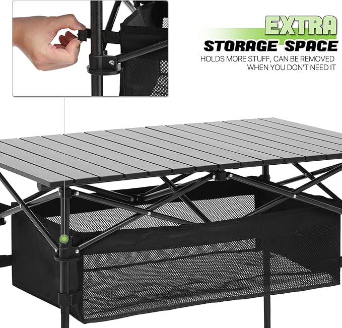 Magshion 37 Folding Camping Table with Large Storage Basket &amp with Carry Bag Aluminum Picnic Table for Indoor Outdoor Camping Backyard BBQ Use Black
