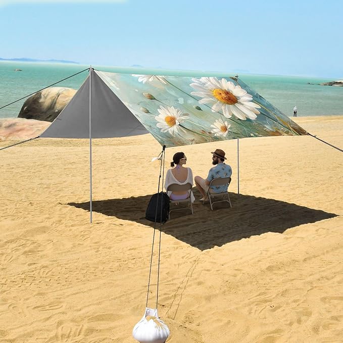 Daisy Painting Beach Tent Sun Shelter 9.2' x 10.5' Beach Canopy with 4 Sandbags 4 Stability Poles Sand Shovels - Tent Canopy for Beach Camping Fishing Picnics