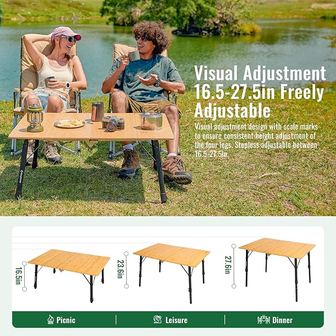 KingCamp Oversized Camping Folding Chair Heavy Duty 450 LBS with Bamboo Folding Table4-Fold Portable Camping Table with Visual Adjustable Height