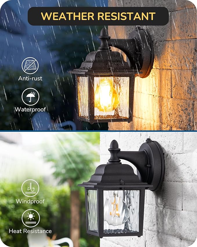 EDISHINE 2 Pack Outdoor Porch Light Dusk to Dawn Exterior Lighting Fixtures Modern Outdoor Wall Lights Fixture Clear Water Ripple Glass Anti-Rust Waterproof for Front Door Garage Patio Black