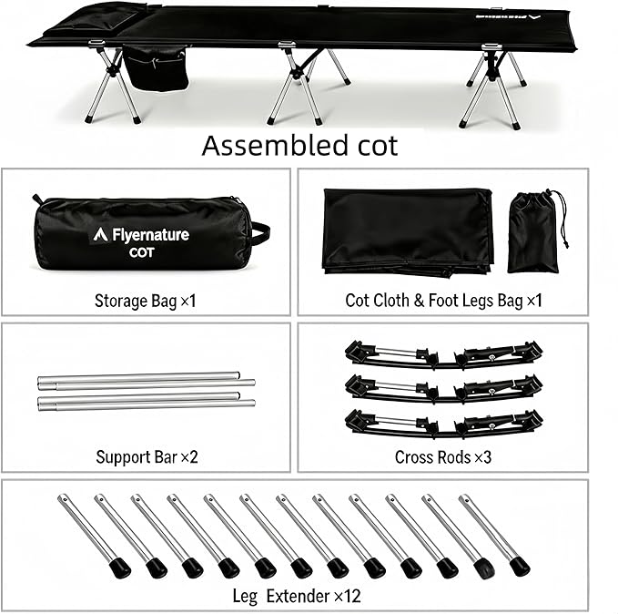 Camping Cot for Adults Height Adjustable Sleeping Cot Supports 300 lbs Lightweight Compact Foldable for Backpacking Hiking Travel Beach Truck &amp Office Nap | Flyernature