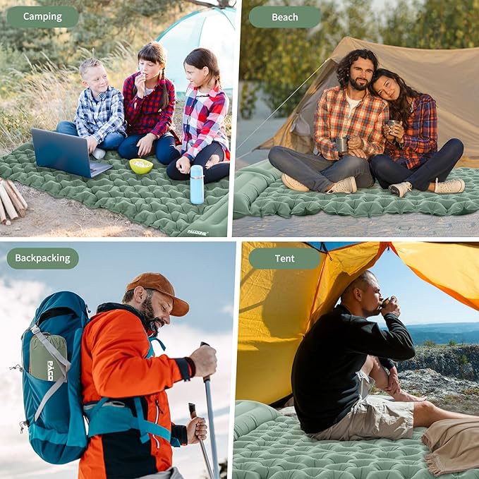 Camping Double Sleeping Pad Self Inflating Sleeping Mat with Pillow Built-in Foot Pump 2 Person Portable Camping Air Mattress for Backpacking Hiking Traveling Tent(Green)