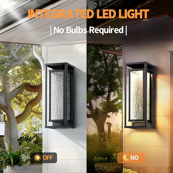 16'' LED Outdoor Wall Lights 2 Packs 3000K Porch Lights Outdoor Sconce Lights with Water Ripple Glass Modern Exterior Lighting Fixtures Outdoor Lantern Outside Lights for House Garage Patio Black