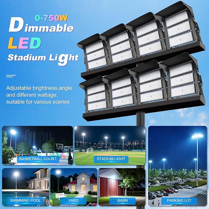 112500LM Led Stadium Light Dimmable 0-750w Super Bright Led Arena Flood Lights Outdoor 100-277v 5000k Yoke U Mount IP66 Waterproof Outside Wall Light Commercial for Square Golf Court Port