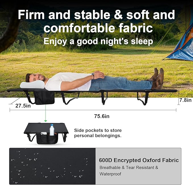 Ultralight Camping Cot Camping Cots for Adults Supports 352lbs Portable Folding Backpacking Cot for Camping Outdoor Travel Hiking Home Mountaineering Black
