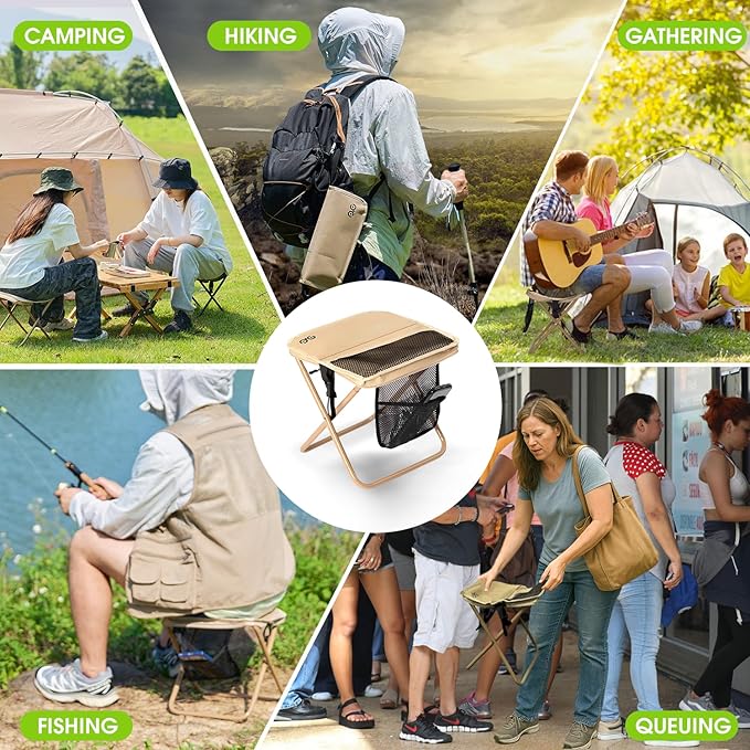 Camping Stool Upgraded FoldableStool Aluminum Alloy Bracket Portable outdoorfolding Chair with Pocket for Queuing FishingHiking Tours BBQ Parties Outdoor Camping Accessories(Khaki)