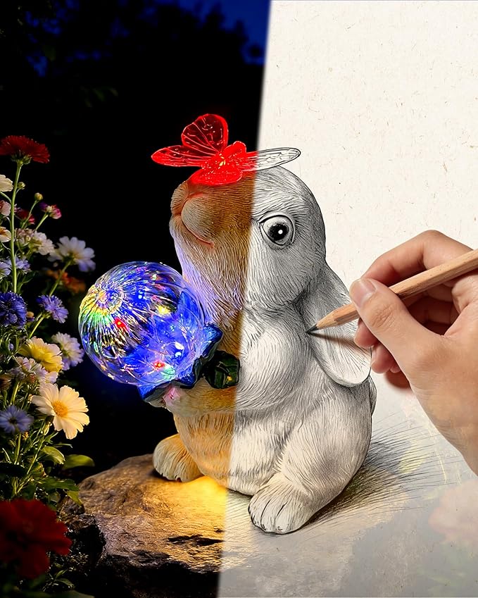 Hogni Solar Bunny Garden Statue Outdoor Decor Rabbit Figurines with LED Light Waterproof Solar Powered Yard Art for Patio Balcony Lawn Cute House Warming &amp Birthday Gifts for Mom Grandma Wo