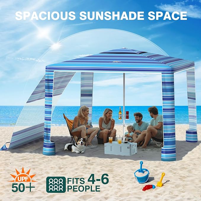 Rhino Valley Beach Cabana 8 * 8FT Beach Tent UPF50+ Protection Easy Setup Beach Canopy Wind Resistant with Cup Holder Compact Beach Shade Foldable Beach Tent Sun Shelter Blue Four Stripes