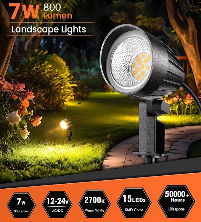 MEIKEE 7W LED Landscape Lights 12V/24V Low Voltage Landscape Lighting IP66 Outdoor Spotlights Warm White Garden Lights with Connectors for Pathway Yard Patio 12 Pack