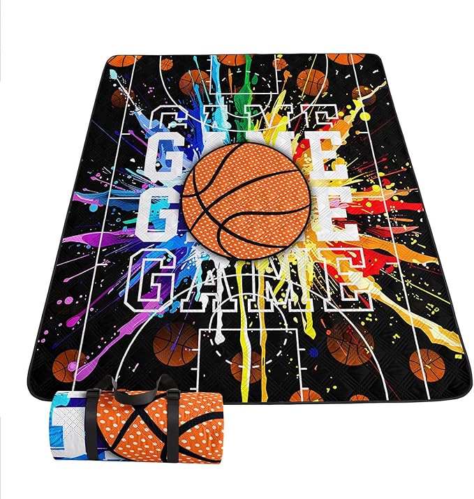 Outdoor Picnic Blanket Portable Ultrasonic Waterproof Picnic Cartoon Basketball Printed Camping Beach Mat for Sand and Wet Grass Hiking (Cartoon Basketball S