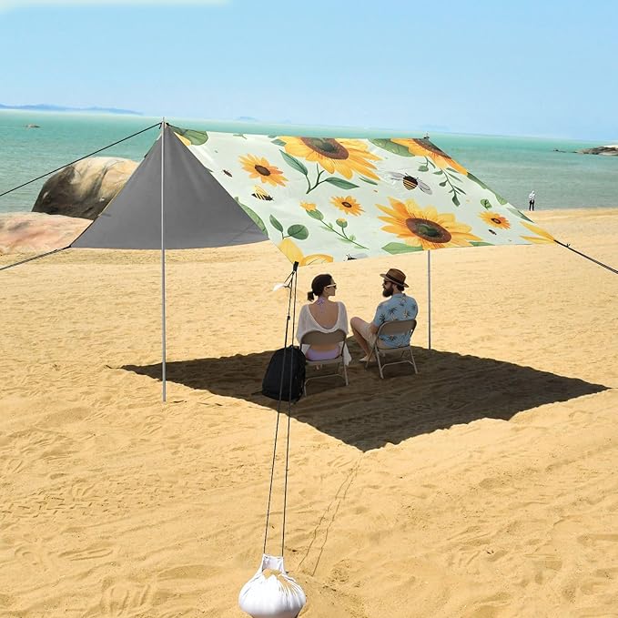 Bolaz Beach Canopy Tent Sun Shade9'×10.5' Large Family Beach Shade UPF50+- Outdoor Shade for Camping Trips FishingSunflower Bee Pattern