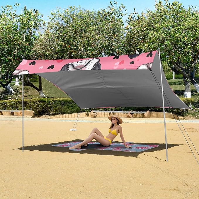 Cute French Bulldog Beach Tent Sun Shelter 9.2' x 10.5' Beach Canopy with 4 Sandbags 4 Stability Poles Sand Shovels - Tent Canopy for Beach Camping Fishing Picnics