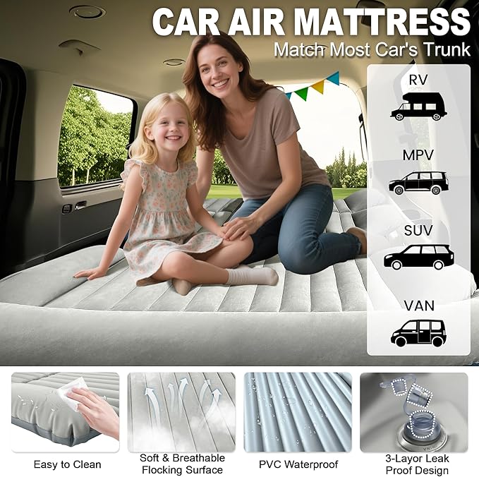 AearKing SUV Air Mattress Thickened Car Air Mattress SUV Mattress for Truck Double-Sided Inflatable car Bed with 2 Pillows &amp Air Pump Car Camping Mattress Back Seat Inflatable Bed for Suvs