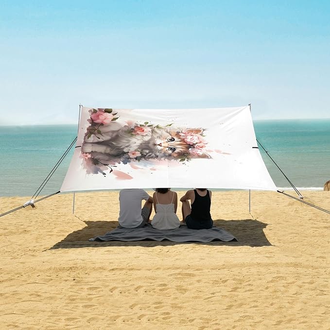 ALAZA Cat Kitten Rose Flowers Beach Tent Sun Shelter UPF50+ Protection Beach Shade Canopy w/ 4 Sandbags for Outdoor Camping Fishing Backyard Fun Picnic 10x9 ft