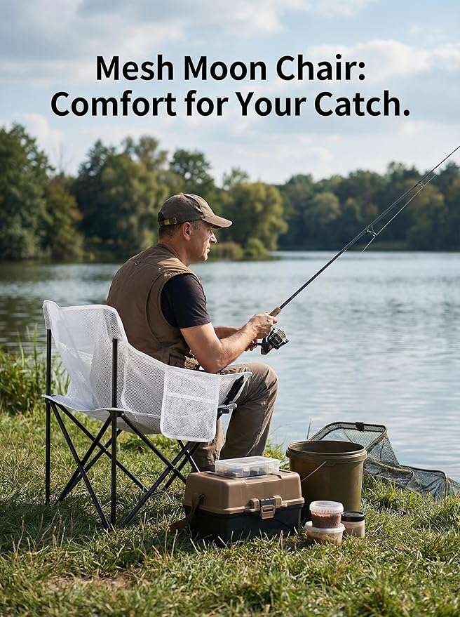 Breathable Outdoor Folding Chair Portable Ultra-Light Fishing Stool Beach Camping Moon Chair Armchair Art Sketch Chair (Mesh Surface White)