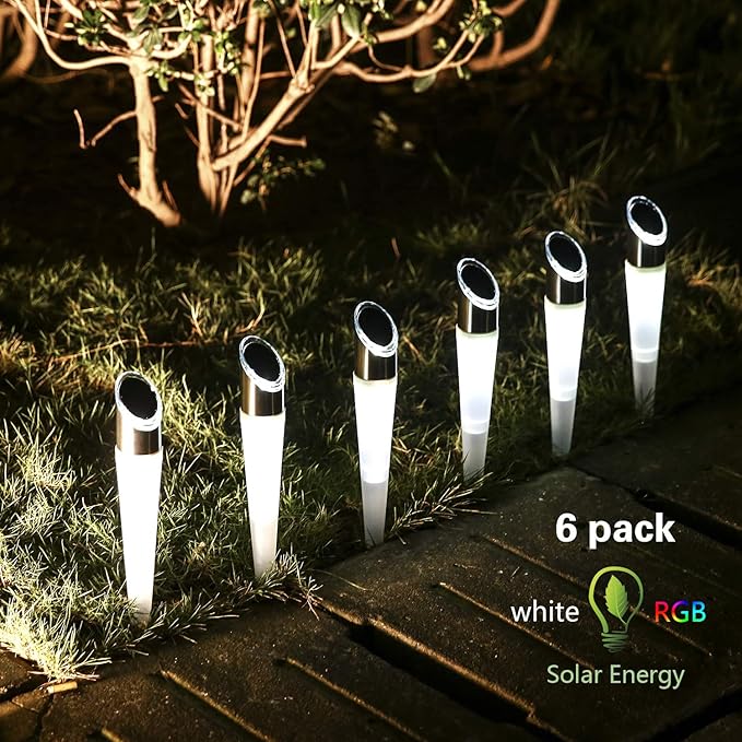 pearlstar Solar Lights Outdoor Garden Pathway Lights LED White&ampColor Changing Landscape Lighting Waterproof for Path Lawn Patio Yard Walkway Driveway4 LED Bulbs&amp 2 Lights Effect (6pack)