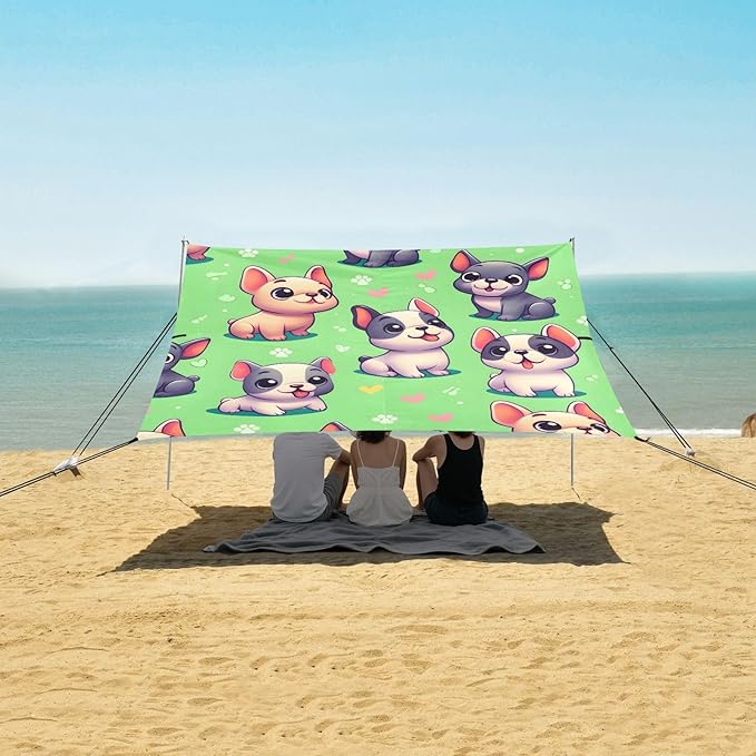Cartoon French Bulldog Green Camping Sun Shelter Beach Tent Portable Beach Sun Shade Outdoor Canopy for Camping Trips Fishing Picnic