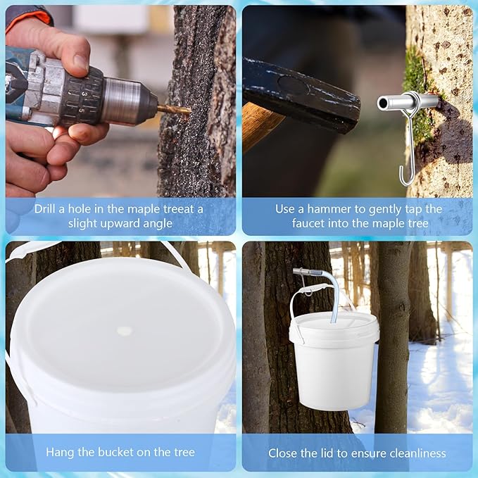 6 Sets Maple Syrup Tapping Kit Maple Sugar Starter Kit Included 3 Buckets with Lid 3 Metal Maples Syrup Taps 3 Maples Syrups Filters 1 Syrups Tube 1 Cleaning Brush for Spiles (White)