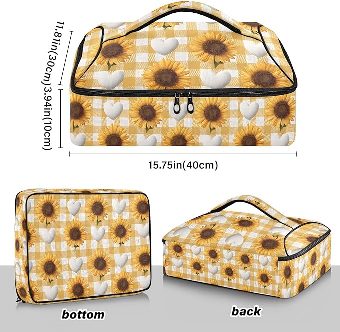 Casserole Carrier Cute Sunflower and HeartInsulated Casserole Carrier for Hot or Cold Food Thermal Lunch Tote for Potluck Parties Picnic Beach Fits 9 x 13 Inches Baking Dish