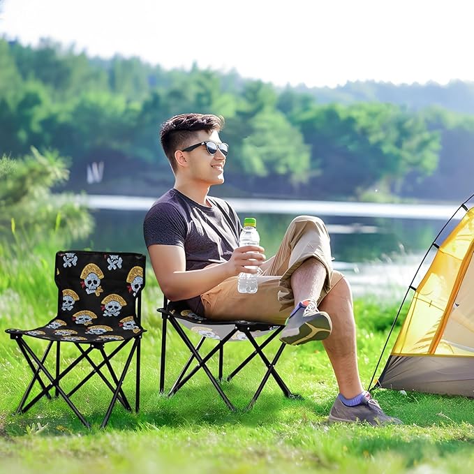 Fake Glitter Cartoon Pirate Skull Black Portable Youth Camping Chair Lightweight Ice Fishing Chairs with Carrying Bag