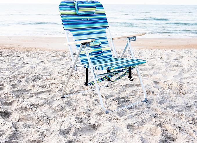 CARIBBEAN JOE Folding Beach Chair 4 Position Portable Backpack Foldable Camping Chair with Headrest Cup Holder and Wooden Armrests