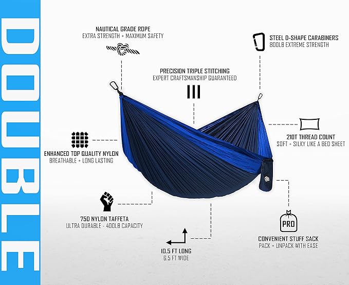 Pro Venture Double Camping Hammock - 10.5 x 6.5 FT (9ft Tree Straps 2 Carabiners) - 2 Person Portable Lightweight Parachute Nylon 210T Hammocks - for Backpacking Travel Hiking Patio (Double)…