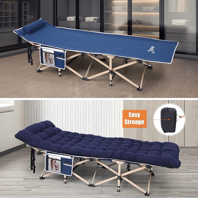 Nice C Camping Cots with Cushion Camping Cots with Mattress for Adults Folding Cot with Pillow Carry Bag &amp Storage Pocket Extra Wide Sturdy Holds Up to 500 Lbs (1 Mattress Navy)