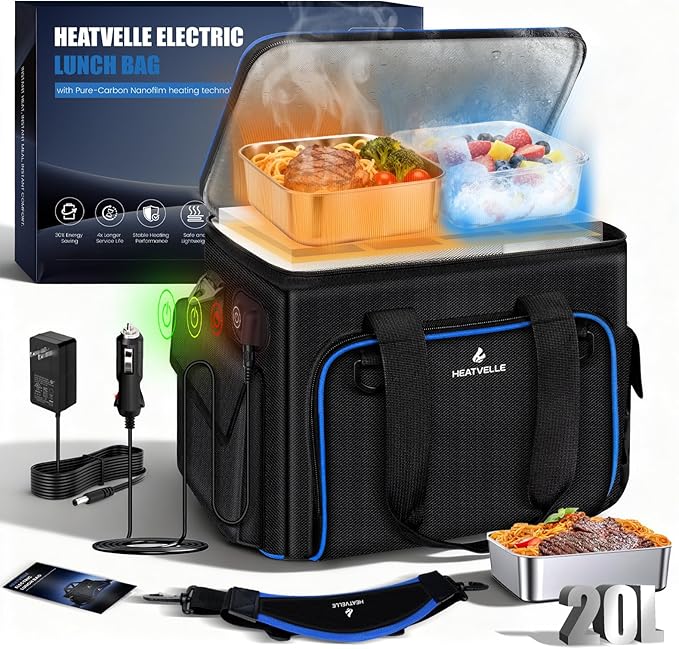 20L Large Heated Lunch Box Insulated Lunch Bag Auto Temp Control Electric Lunch Box for Adults Men 12/24/110V Portable Food Warmer for Truck/Car/Work/Travel Lonchera Eléctrica Portátil