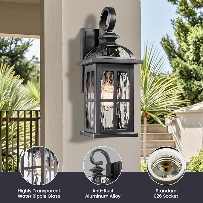 Porch Lights Outdoor Aluminum Outdoor Wall Lights with Water Ripple Glass Waterproof Black Finish Exterior Lighting Fixtures for House Garage Doorway 15 Inch Height 2-Pack