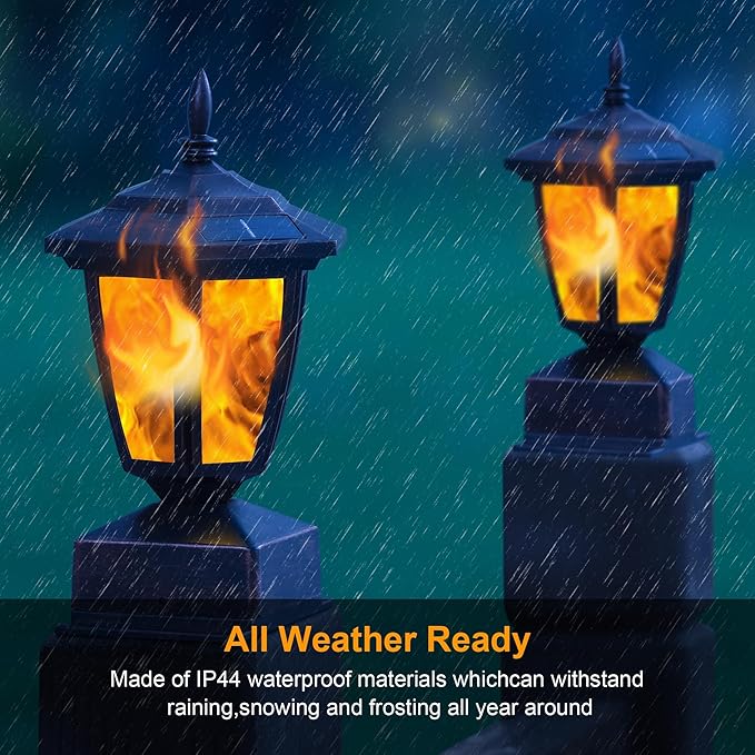 Dynaming 4 Pack Solar Flame Post Lights Outdoor Solar Powered Lamps Fence Post Cap Lights Flickering Flame LED Lantern Waterproof for Garden Deck Patio Fit 4x4 5x5 or 6x6 Wooden Posts Bronze