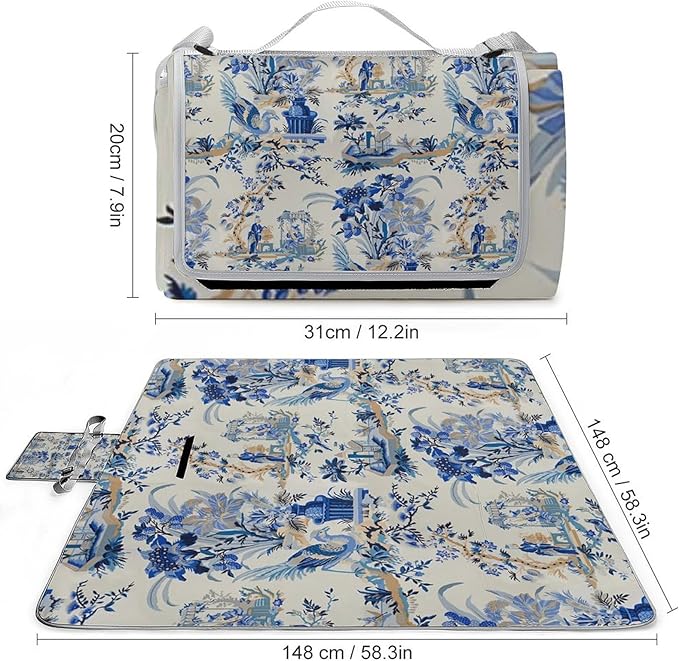 Blue and White Chinese Style Chinoiserie Folk Waterproof Outdoor Picnic Blanket Sandproof Beach Mat for Camping Hiking Grass Travelling