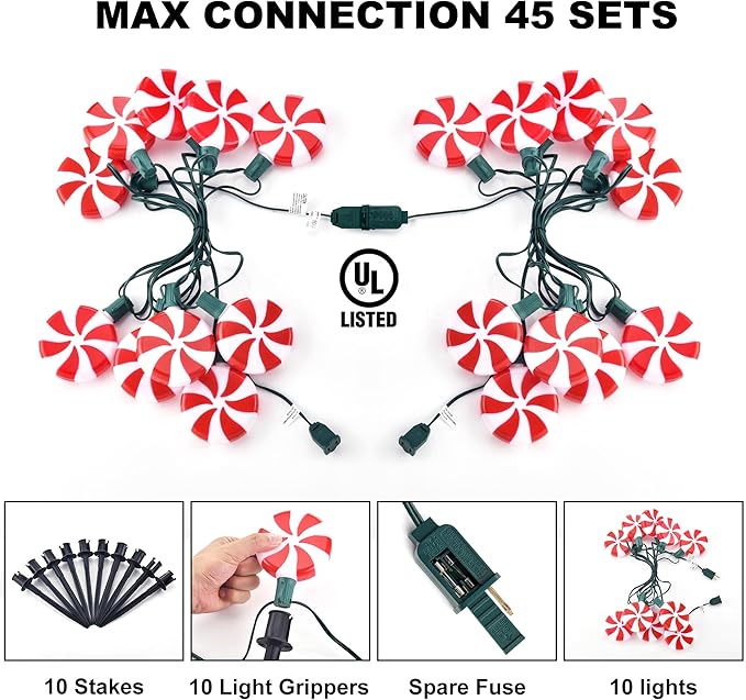 Ultimate Unicorn Christmas Lollipop Pathway Lights for Garden Christmas Decoration Red 10 LED Peppermint String Lights with Stakes for Outdoor Sidewalk Pathway Rooftop Lawn Garden