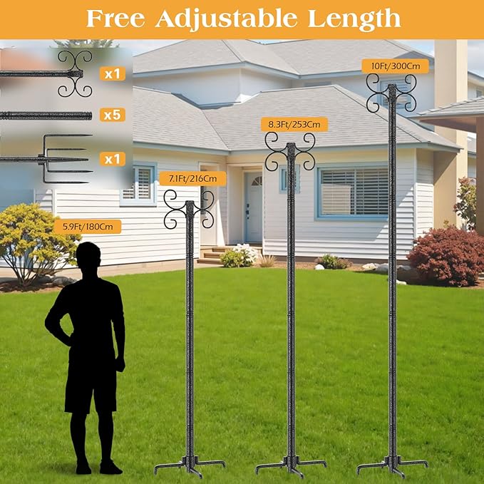 2 Pack Outdoor String Light Poles Metal Lights Hanging Pole with 4 Hooks and Rustproof for Patio Garden Deck Backyard Lawn Sunshade and Decor
