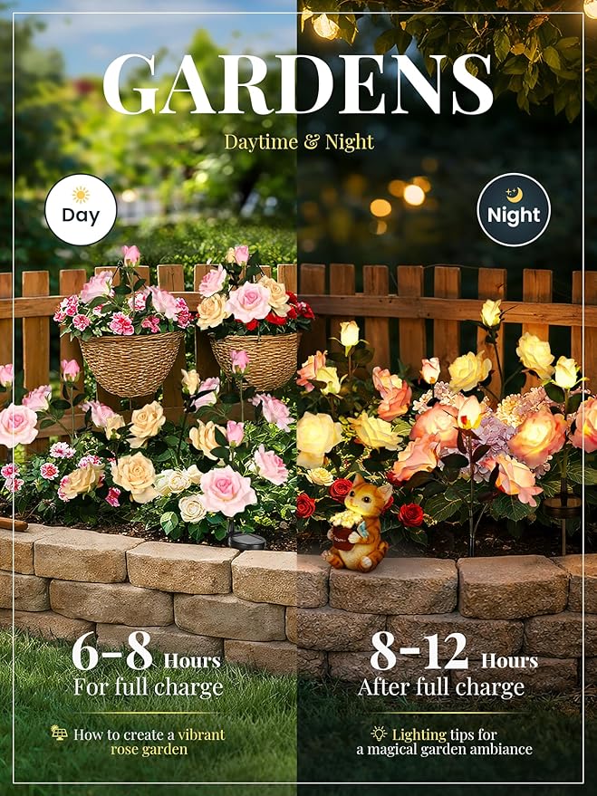 GIGALUMI Solar Lights Outdoor for Garden Decor 4 Pack Solar Flower Lights Waterproof 2 Lighting Modes 12 Roses for PathwayYard Patio Decoration Gardening Gifts for Women (Pink+Yellow)