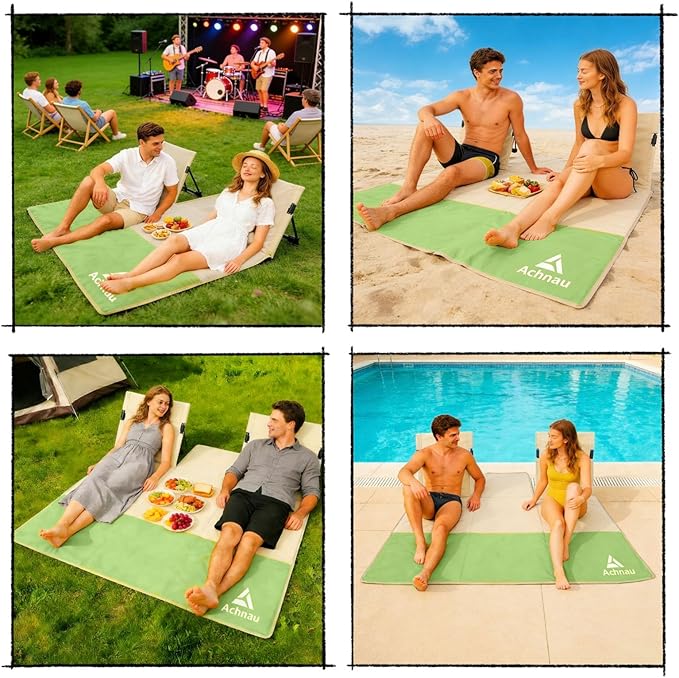 Beach Mat Lounge Chair 2-Person Foldable Lightweight Lounge Mat with Back Support600D Oxford 49x49 Widen Beach Seat Storage Bag for Holidays Garden Camping Swimmingpool (Khaki &amp Green)