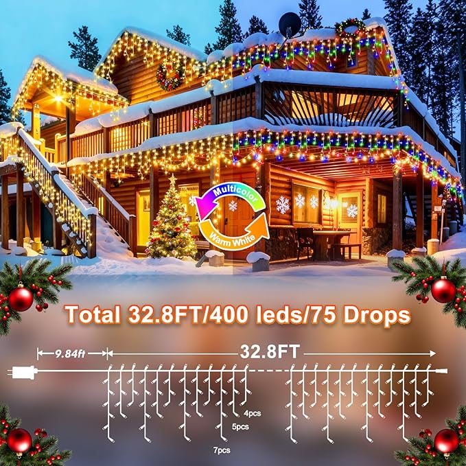 KNONEW Christmas Lights Outdoor Color Changing 400 LED 33ft 11 Modes Curtain Fairy String Light with 75 Drops Clear Wire LED Lights for Wedding Party Holiday Christmas (Warm White to Multicolor)