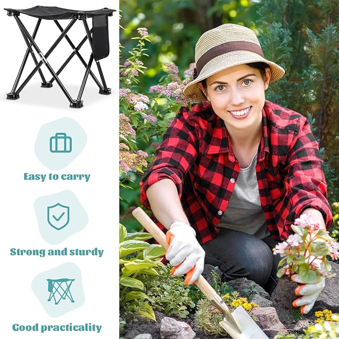 2 Pack Camping Stool 13 Inch Portable Folding Camp Stool with Side Pocket for Camping Fishing Hiking Gardening Outdoor Walking Foot Stools with Carry Bag Black