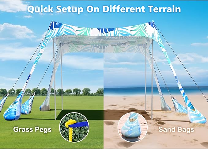 2PM SPORTS Beach Tent Canopy with UPF50+ UV Protection Outdoor Large Beach Sun Shade Shelter for Family Picnic Camping Travel Shore Fishing 8 Sandbags Sand Shovel (Leaf 10x10 FT)