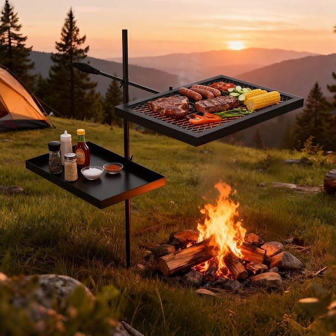 ABSCONDO Height-Adjustable Campfire Grill grate Swivel Fire Pit Grilling Grate Heavy Duty Portable Over Fire Cooking Grate with Handbag for Outdoor Camping Hiking Backpacking and Family Gatherings