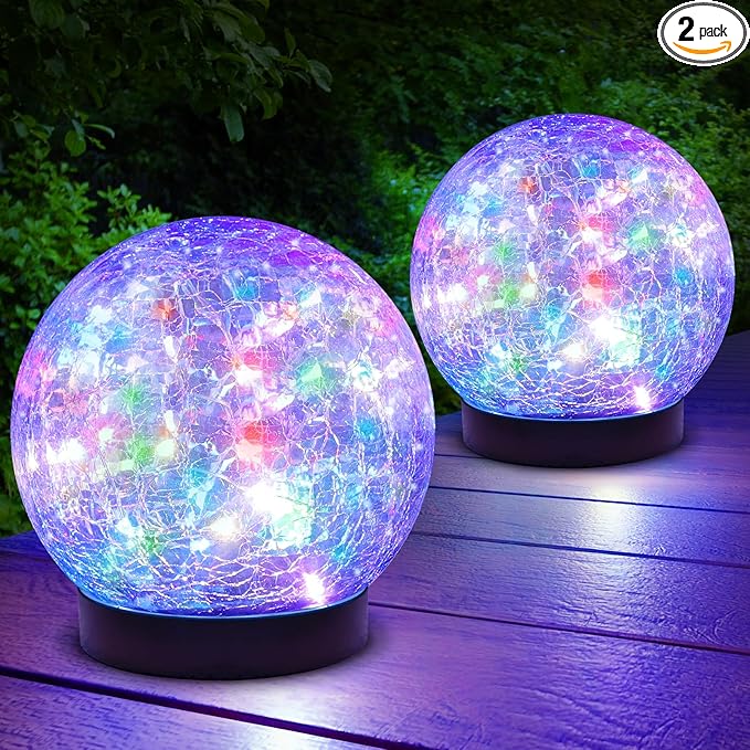 2-Pack Garden Solar Lights Outdoor Colored Cracked Glass Ball Light Waterproof Decorative Solar Powered Globe Lighting Multicolor for Yard